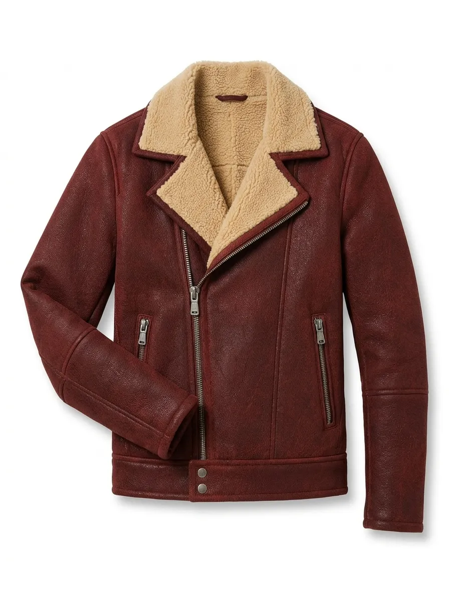 Men's Burgundy Shearling Leather Jacket