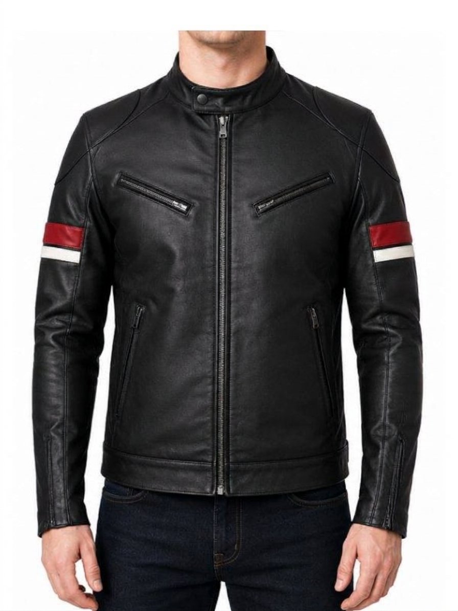 Men’s Black Leather Red White Stripes Cafe Racer Jacket