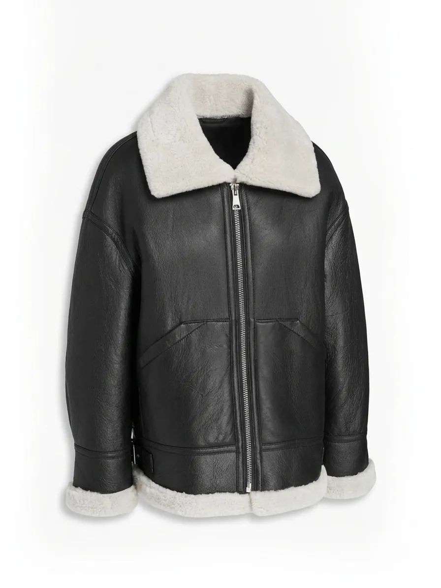 Black Leather Jacket With White Shearling Collar For Men’s