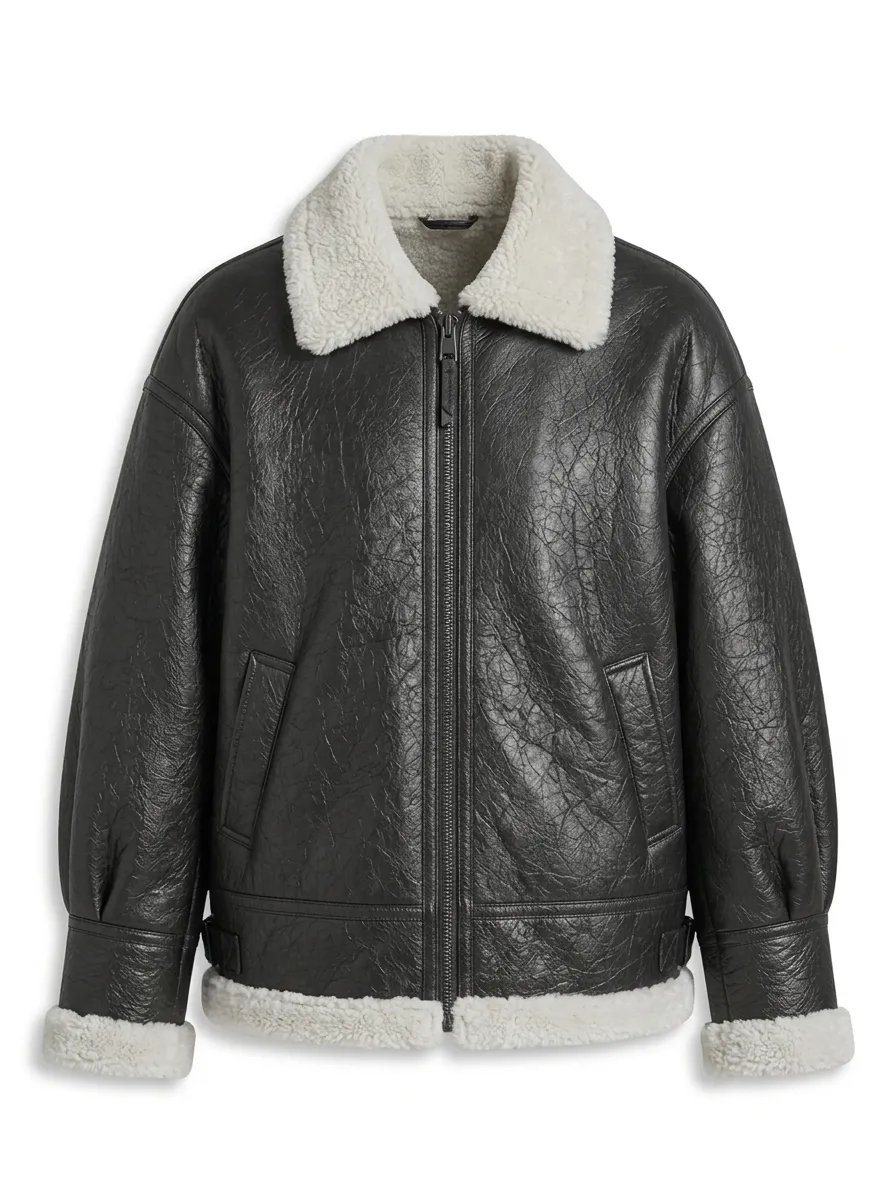 Black Leather Jacket With White Shearling Collar For Men’s