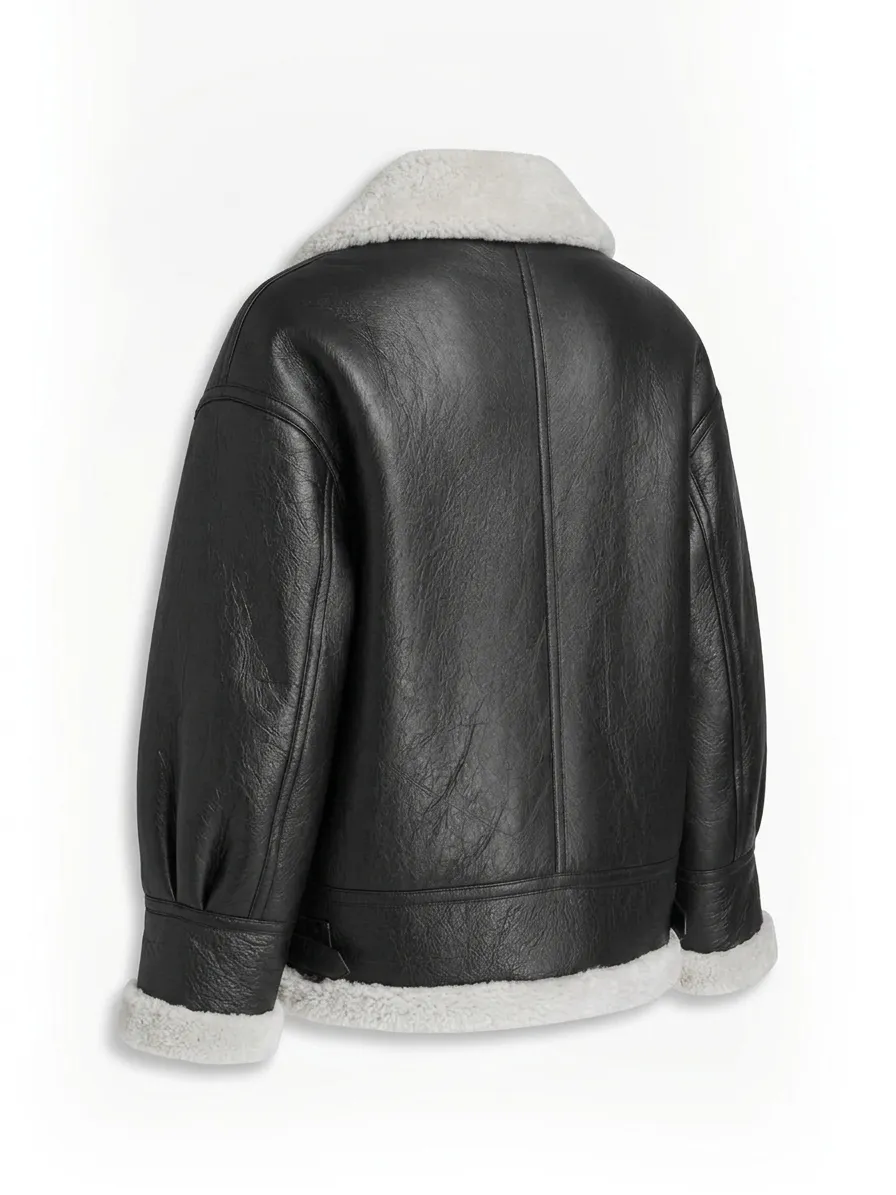 Black Leather Jacket With White Shearling Collar For Men’s