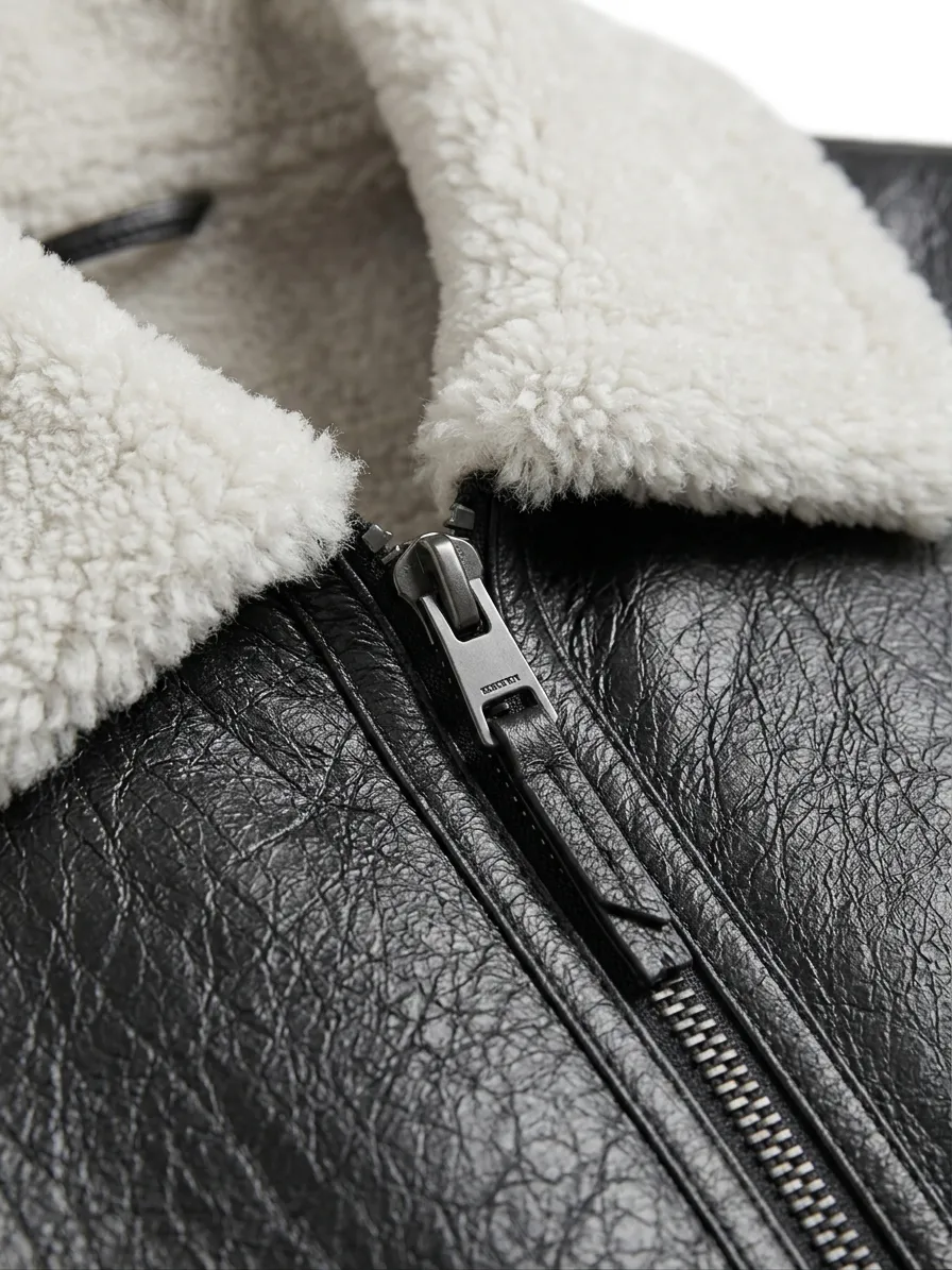 Black Leather Jacket With White Shearling Collar For Men’s