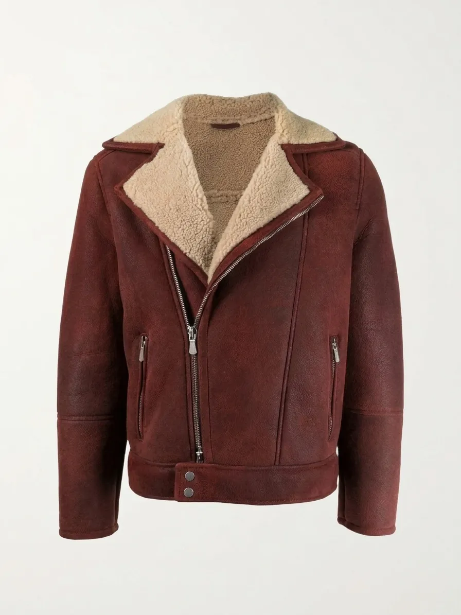 Men's Burgundy Shearling Leather Jacket