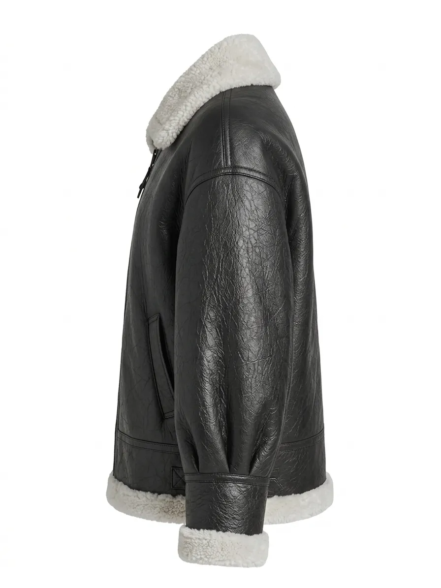 Black Leather Jacket With White Shearling Collar For Men’s