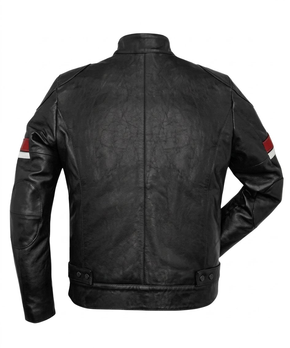 Men’s Black Leather Red White Stripes Cafe Racer Jacket