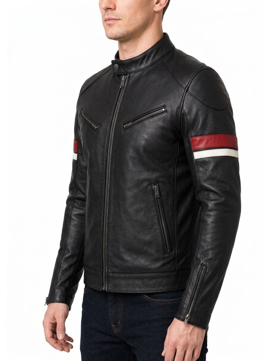Men’s Black Leather Red White Stripes Cafe Racer Jacket