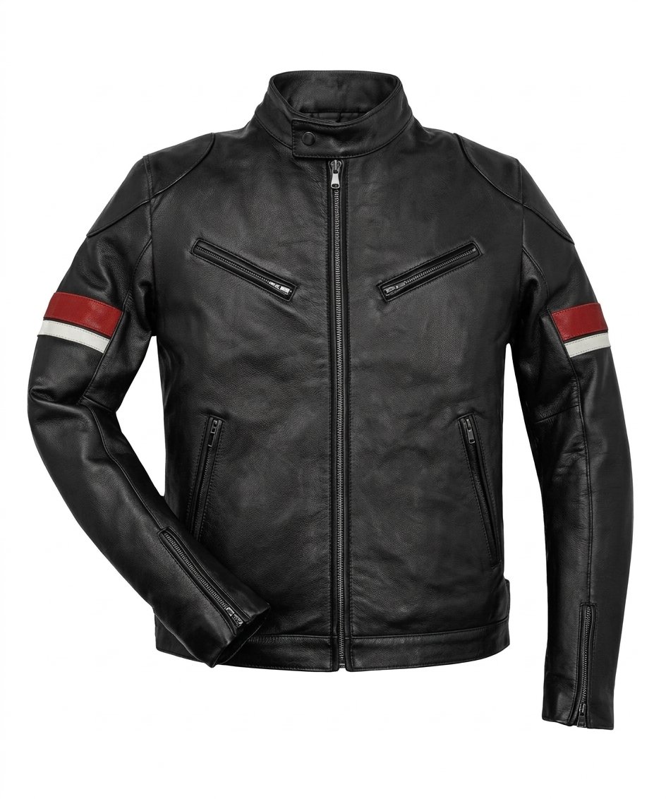 Men’s Black Leather Red White Stripes Cafe Racer Jacket