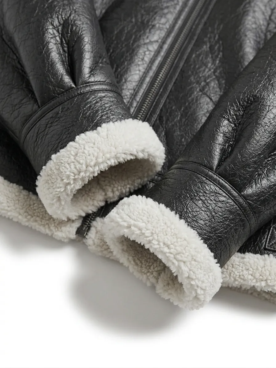 Black Leather Jacket With White Shearling Collar For Men’s