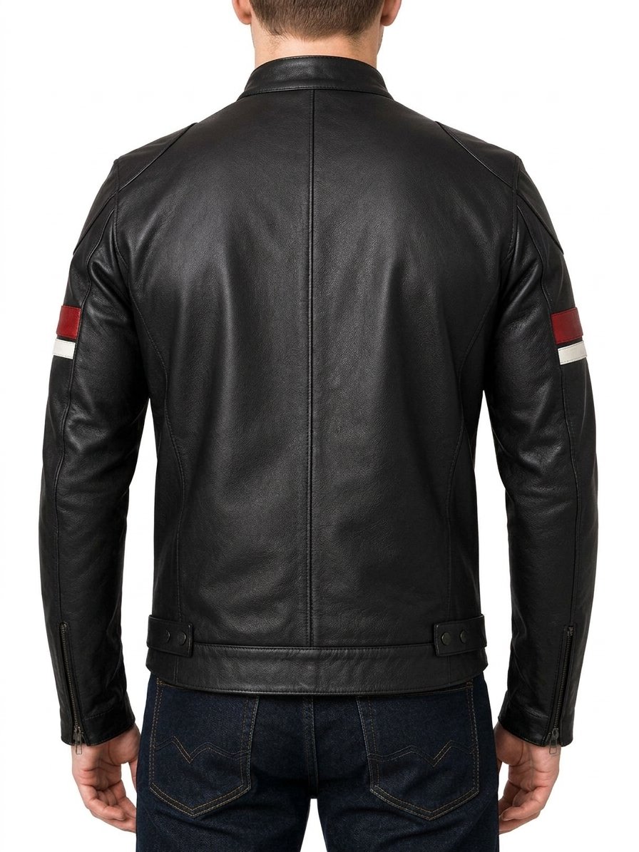 Men’s Black Leather Red White Stripes Cafe Racer Jacket